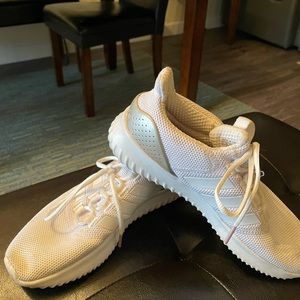 Adidas rubber shoes, Sz 7.5, white in color and used.